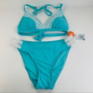 Beautyin Crochet Lace Bikini Two Piece Aqua Turquoise UPF 50 Women’s Size Small